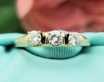 14K Yellow Gold 3 Stone Diamond Engagement Ring - Earth Mined - 0.30TCW - 3mm Diamonds
