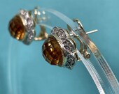 14K Yellow Gold Citrine Diamond Earrings - Vintage, Estate - .32 Diamond TCW