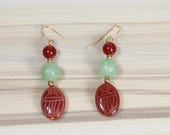 Gold Filled Jade and Agate Scarab Earrings, Natural Stones, Beaded 1.75" Dangles, Earth Gems