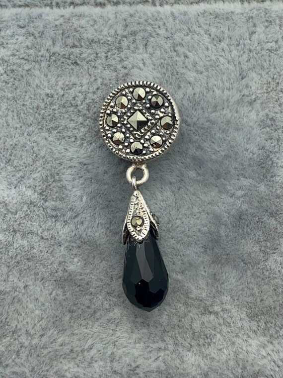 Sterling Marcasite Black Faceted Stone Pendant- Vi