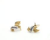 Vintage 1960’s 10K Yellow & White Gold Sapphire Hummingbird Hinged Hoop Earrings