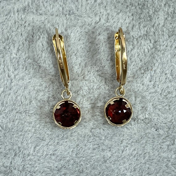 14K Garnet Drop Earrings, Yellow Gold Dangle, Bez… - image 7