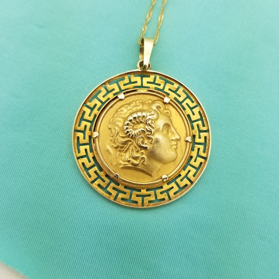 14K Gold Greek Key Medallion, Double Sided Satyr … - image 2