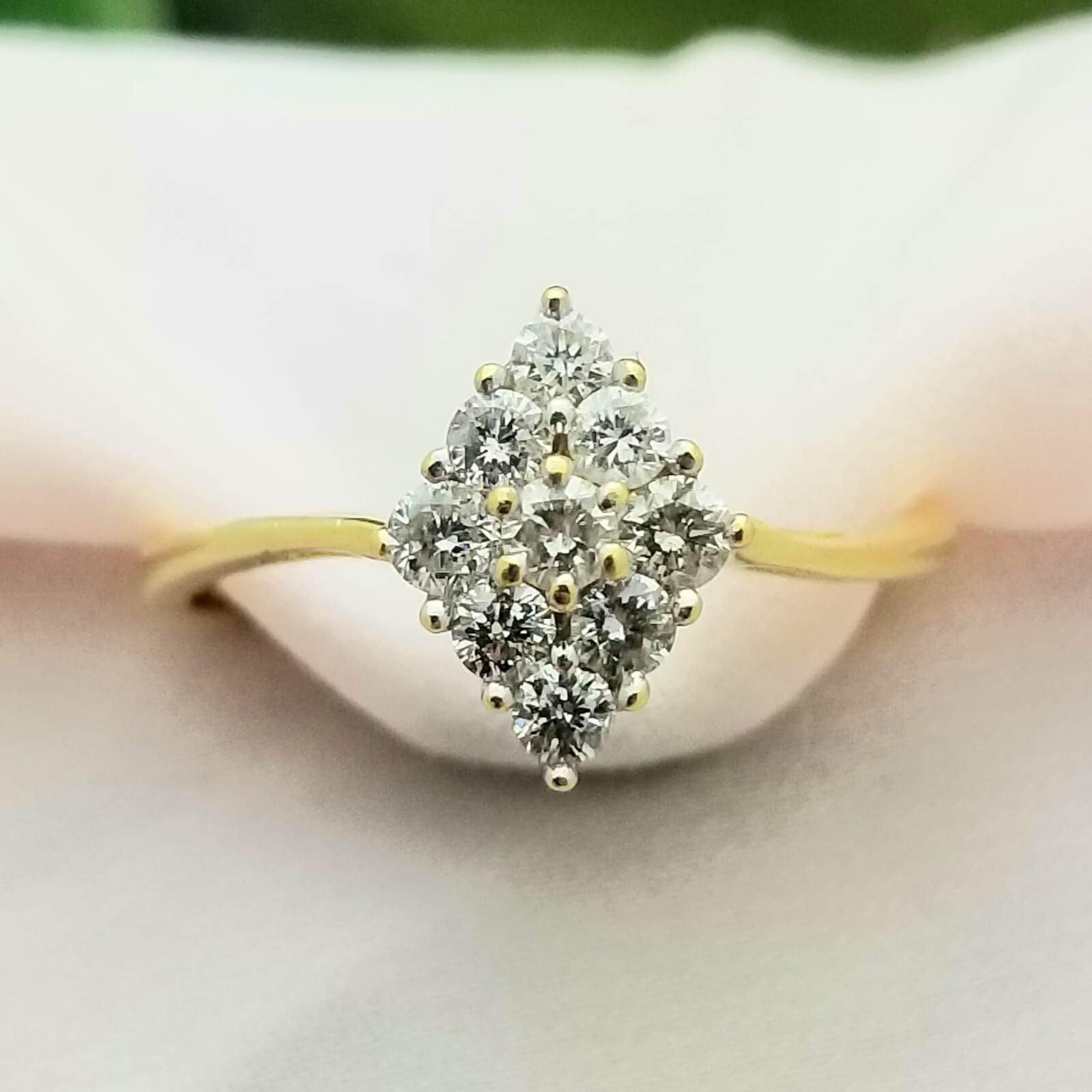 0.27 Carat Diamond Engagement Ring - 10K Yellow Gold Round & Baguette Bridal Cluster Ring, 1/4 CT For Her - View #8