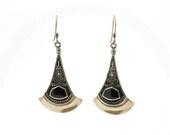 Vintage 1980’s Sterling Silver & Onyx Long Fan Shaped Dangle Earrings-2.03”Long