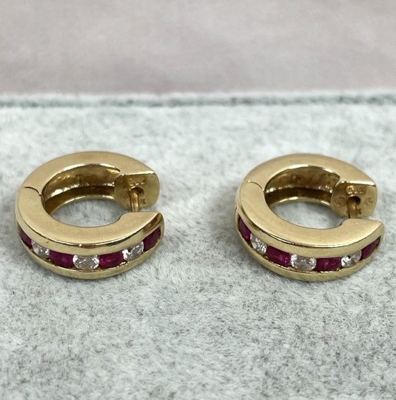 14K Genuine Ruby and Diamond Huggie Earrings, 5/8… - image 5