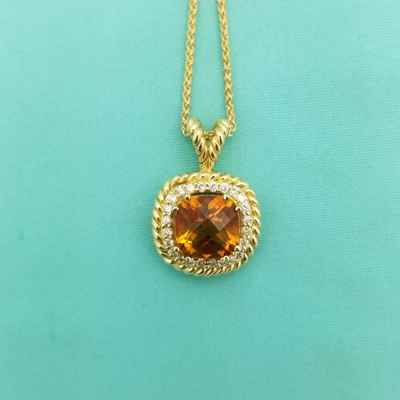 14K Gold and Cushion Cut Citrine & Diamond Necklac