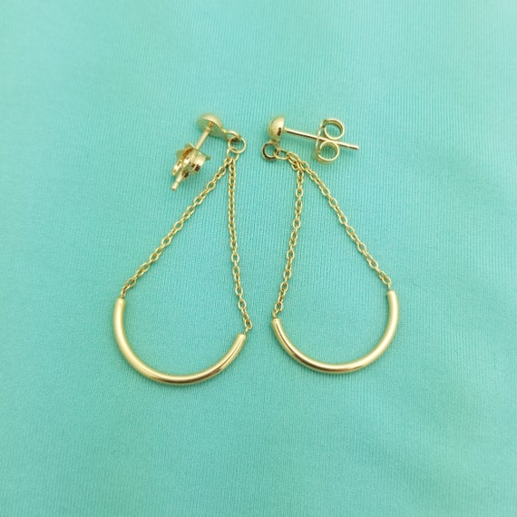 14K Gold Half-Moon Chain Dangle Earrings, Swing a… - image 8
