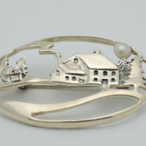 Vintage 1970’s Silver Cameo House Brooch with Pearl in Winter landscape, 4.63 grams, 1.5&quot;W x 1&quot;H