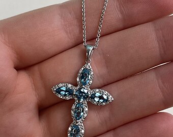 Sterling Silver Cross with Blue Topaz and CZ, Vintage, 1 3/5" Long, 18" Chain