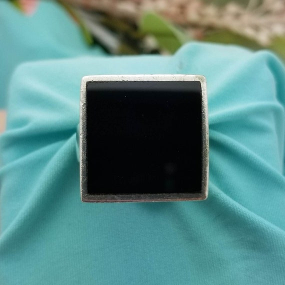 Silver Large Retro Square Black Onyx Heart Filigr… - image 3