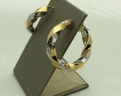 14K Two-Tone Gold Twisted Hoops Earrings - Estate - 1.25" OD - Chunky - Latch Backs