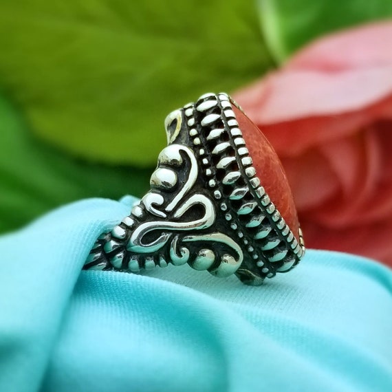 Silver Chinese Red Coral Filigree Ring-925-Sterli… - image 5