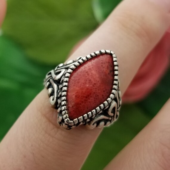 Silver Chinese Red Coral Filigree Ring-925-Sterli… - image 2