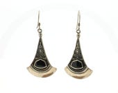 Vintage 1980’s Sterling Silver & Onyx Long Fan Shaped Dangle Earrings-2.03”Long