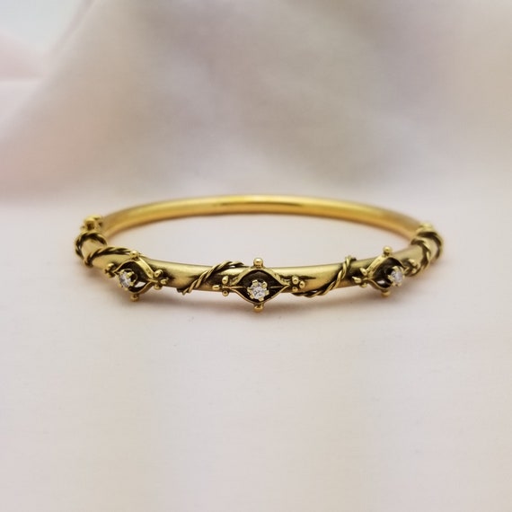 14K Yellow Gold Three Diamond and Detailed Bracel… - image 4