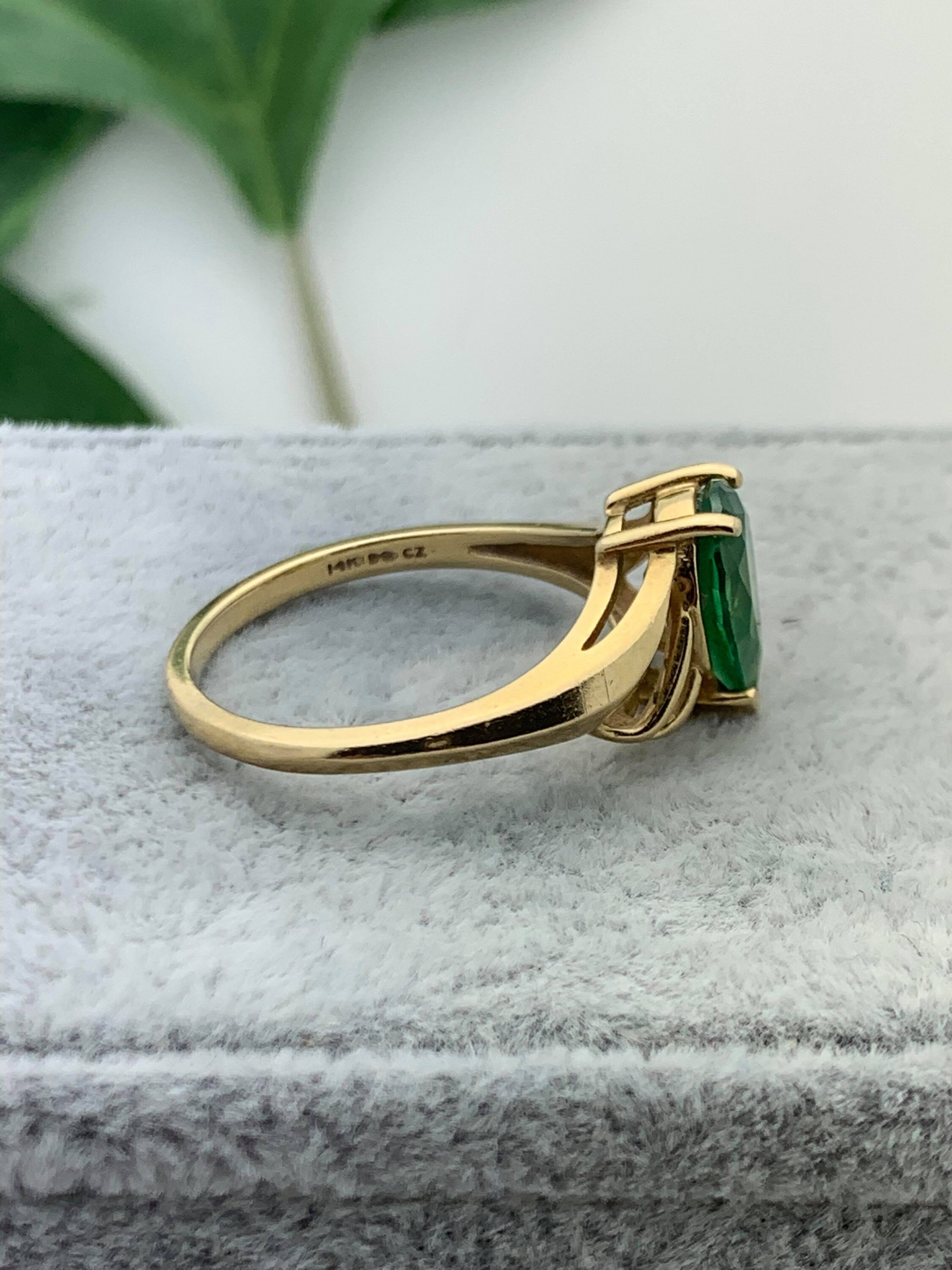 14K Gold Synthetic Emerald Teardrop Ring Vintage Estate Etsy