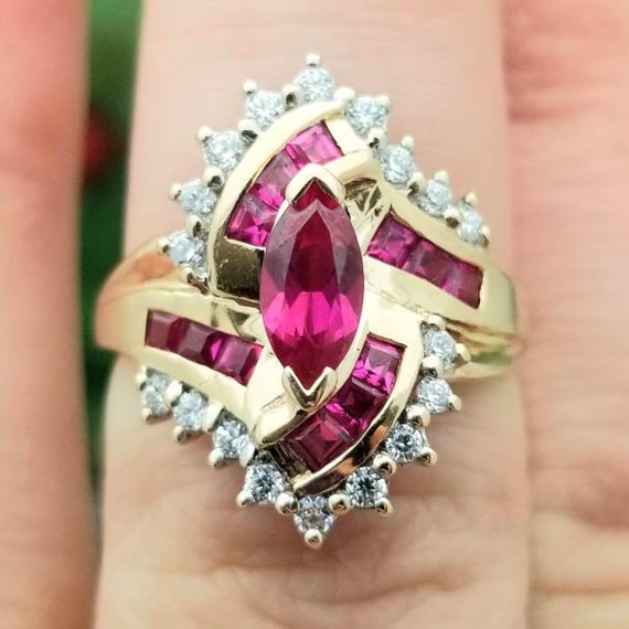 10K Ruby& Cubic Zirconia Cluster Ring-Yellow Gold… - image 4
