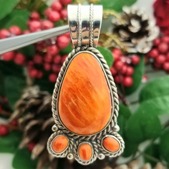 Silver and Vibrant Orange Coral Necklace Pendant-… - image 1