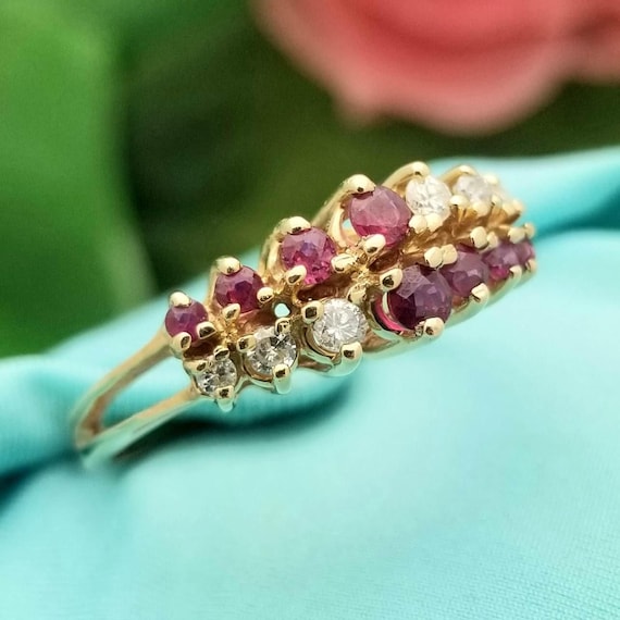 14K Yellow Gold Ruby Diamond Ring - Double Row Sp… - image 2