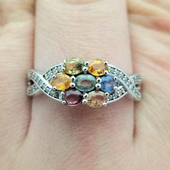 Silver Multi-Gemstone Cluster Crossover Ring-Ster… - image 4