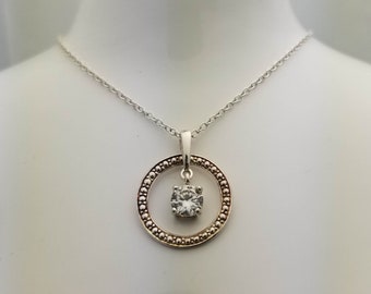 Sterling Silver Chain and Pendant with 5mm CZ, Eternity Circle, Vintage