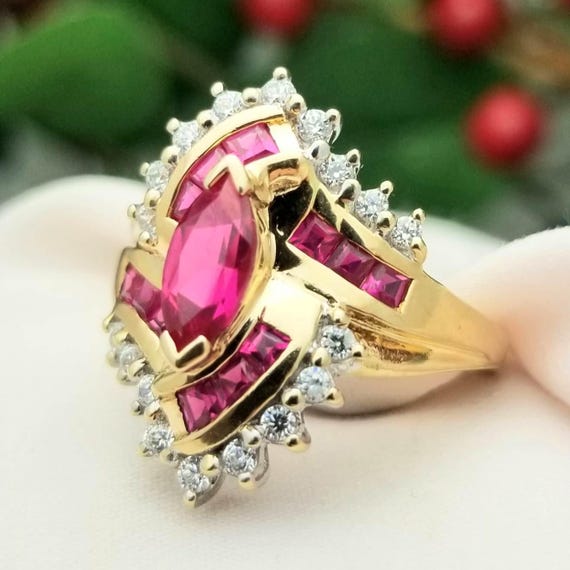 10K Ruby& Cubic Zirconia Cluster Ring-Yellow Gold… - image 3