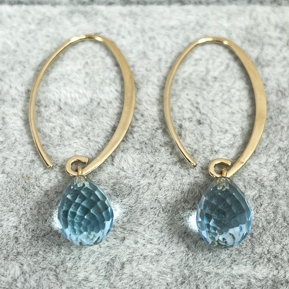 14K Blue Topaz Dangle Earrings, Vintage, Checkerb… - image 7