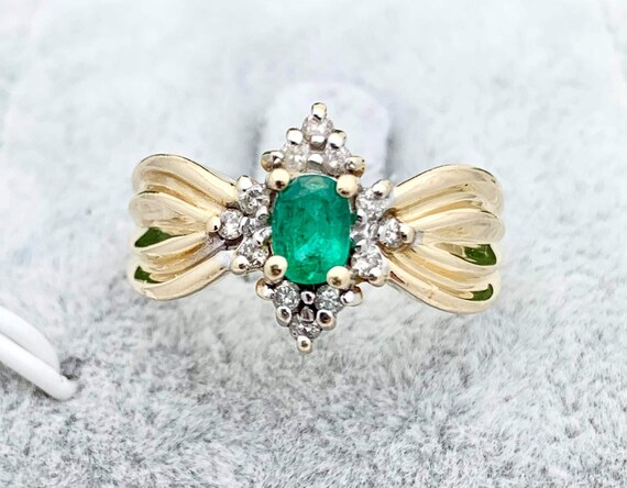 14K Emerald Diamond Estate Ring,Vintage Jewelry,Di
