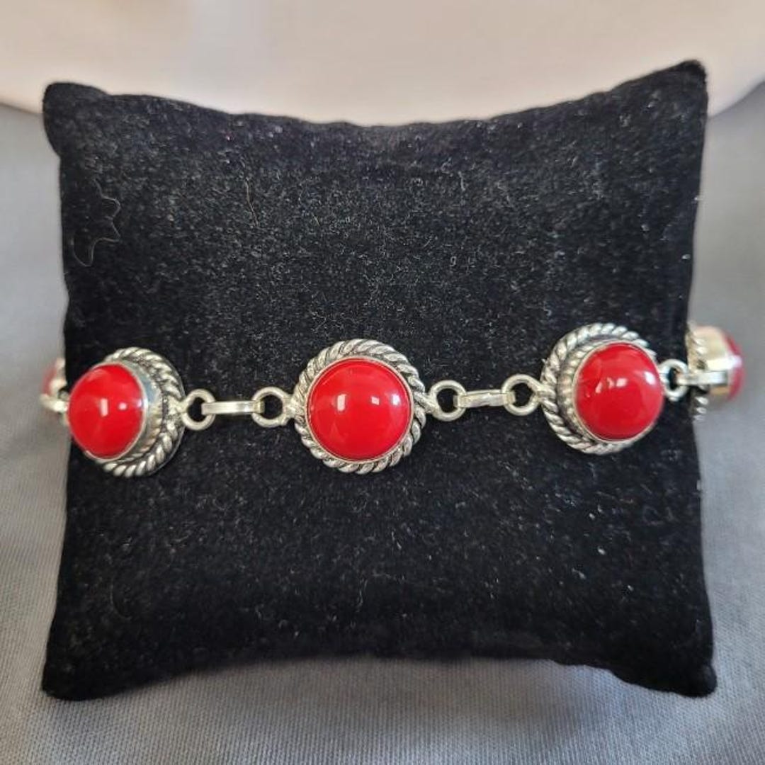 Bracelet Ethnique Ancien En Corail Rouge Sur Argent Massif 925 - Occasion, Bon état