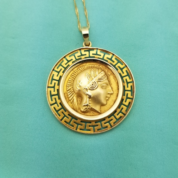 14K Gold Greek Key Medallion, Double Sided Satyr … - image 1