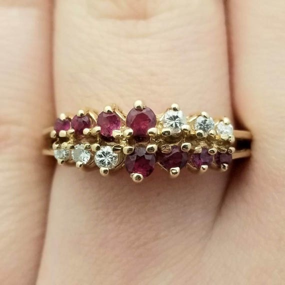 14K Yellow Gold Ruby Diamond Ring - Double Row Sp… - image 4