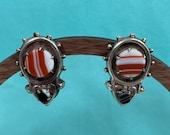 Vintage 925 Sterling Silver and Banded Agate Earrings, Hinged Screw-On