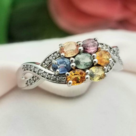 Silver Multi-Gemstone Cluster Crossover Ring-Ster… - image 1