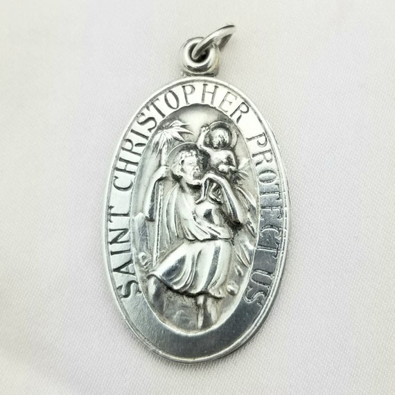 Silver LARGE Oval Catholic Saint Christopher Pend… - image 1