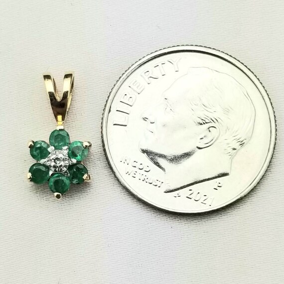 14K Dainty Round Synthetic Emerald and CZ Flower … - image 7