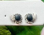 Sterling Silver Onyx Earrings- Vintage- Leaf Details- Native American Inspired