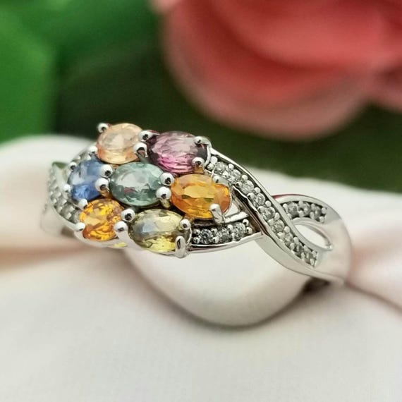 Silver Multi-Gemstone Cluster Crossover Ring-Ster… - image 2