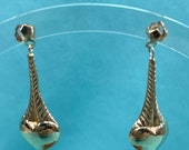 14K Yellow Gold Drop Earrings with Chevron Design and Stylized Hearts, Estate