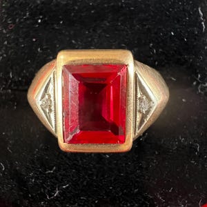 Men's 10K Lab Ruby Diamond Ring, 3TCW, Emerald Cut, Estate Yellow Gold, Unisex, 1940 1950 Retro. Heavy Gold Statement Ring