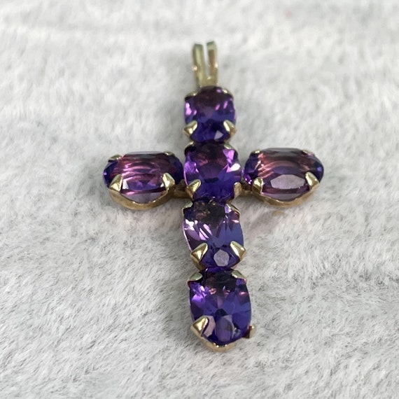 10K Yellow Gold and Amethyst Cross, 6 Oval Natura… - image 2