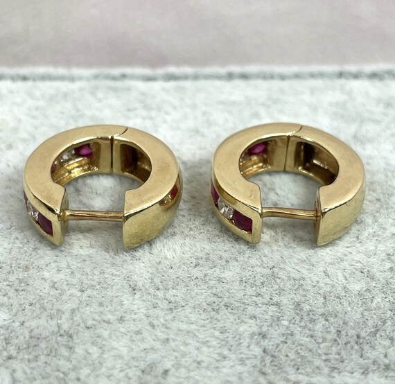 14K Genuine Ruby and Diamond Huggie Earrings, 5/8… - image 4