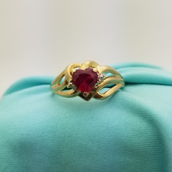 10K Gold and Synthetic .75 Carat Ruby Heart and Di