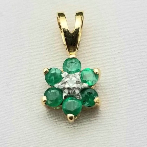 14K Dainty Round Synthetic Emerald and CZ Flower … - image 1