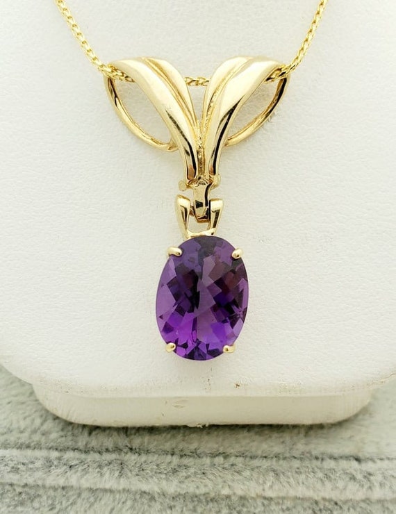 14K Gold Oval Amethyst Drop Pendant- Vintage-1 3/… - image 1