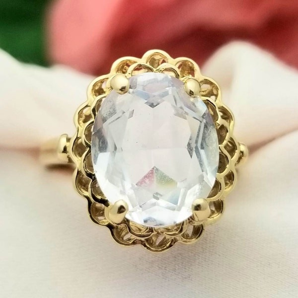 Bague halo festonnée et topaze blanche ovale 10 carats - or jaune - 5,05 carats - 12 mm, topaze, vintage