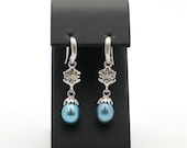 Vintage 1980s Sterling Silver Blue Pearl Drop Earrings -18K Gold Accents-1.67”L