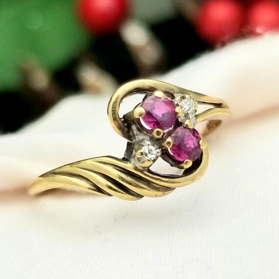 10K Round Ruby and Diamond Bypass Ring-Yellow Gol… - image 3