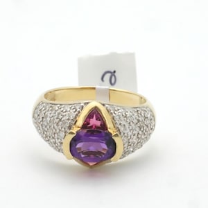 14K 3-Amethyst Diamond Cocktail Ring Vintage Yellow Gold, 1.75CTW, 1990s Estate, February Birthstone,  Two-Tone Gold
