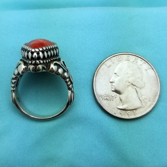 Silver Chinese Red Coral Filigree Ring-925-Sterli… - image 10